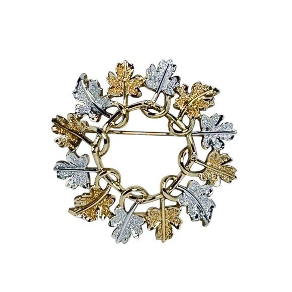 Vintage Sarah Coventry Gold Tone And Silver Tone Leaf Wreath Brooch (5746) - Picture 1 of 5
